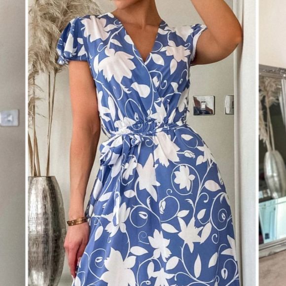 Estee Brown Blue Floral Belted Front Wrap Maxi Dress Small/Medium - Picture 3 of 13